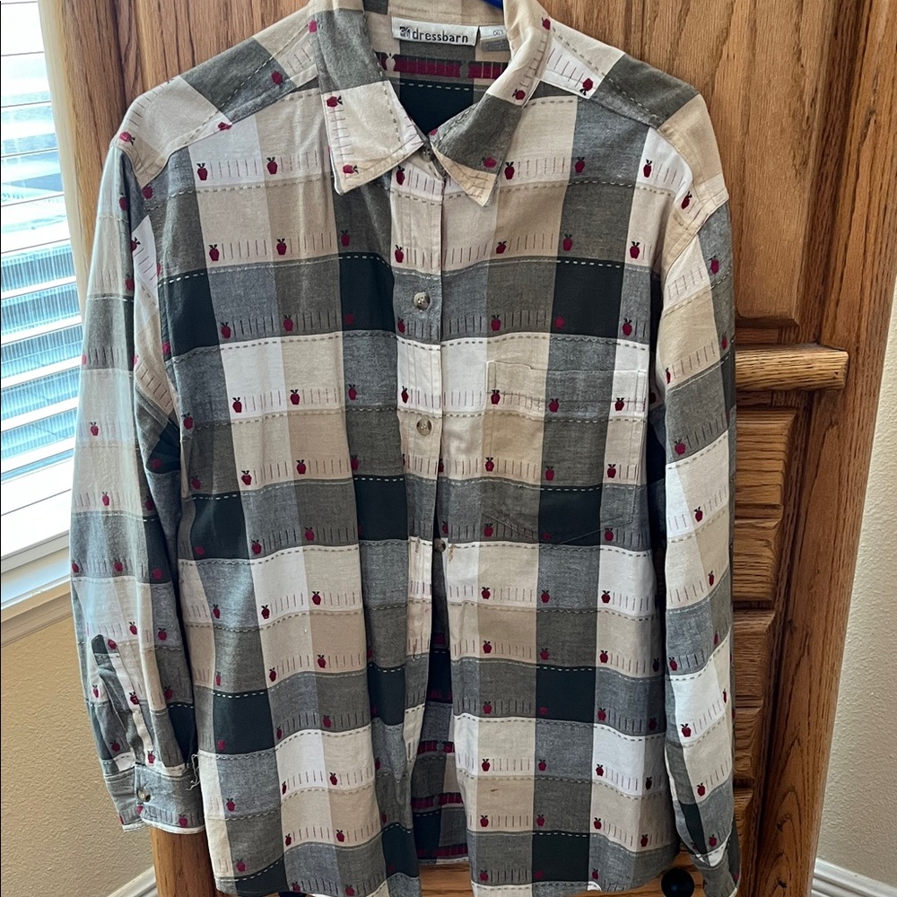 Teacher Button Down Shirt with checkered Apple motif by Dressbarn